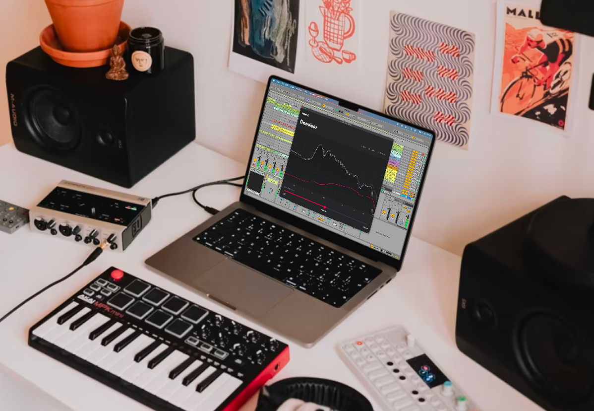 Photo of a laptop running a DAW with the Denoiser plugin, on a desk with studio gear.